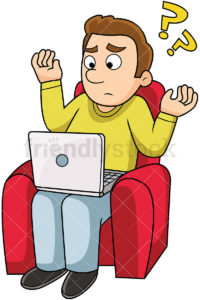 Royalty-free stock illustration of a casually dressed man sitting on a chair with a laptop on his lap, raising his hands in the air and looking confused.